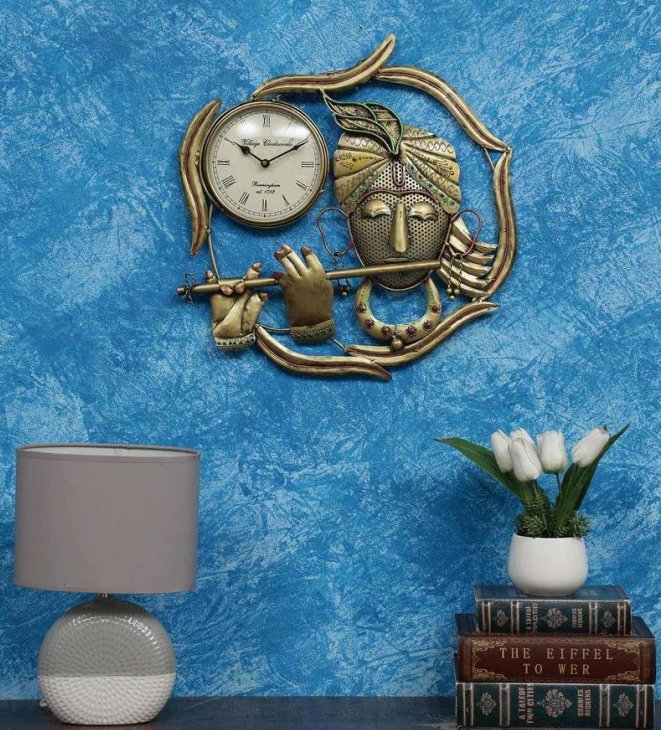 Musical Krishna Wall Clock – Artistic Metal Timepiece for Home Decor - Nestern