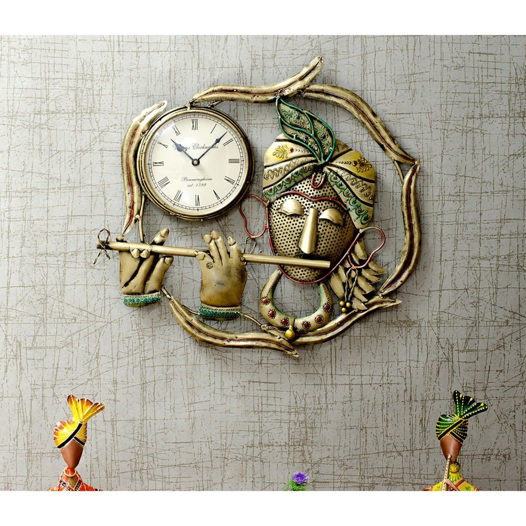 Musical Krishna Wall Clock – Artistic Metal Timepiece for Home Decor - Nestern