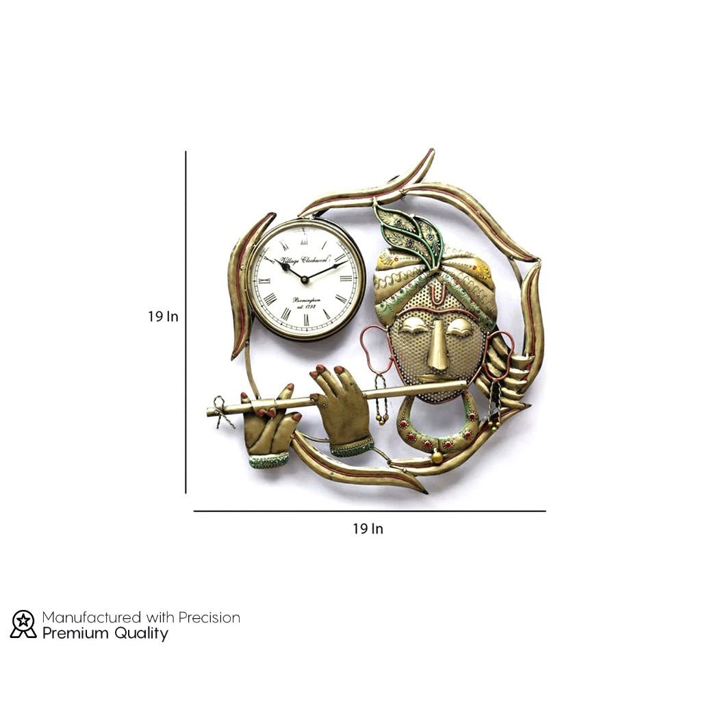 Musical Krishna Wall Clock – Artistic Metal Timepiece for Home Decor - Nestern