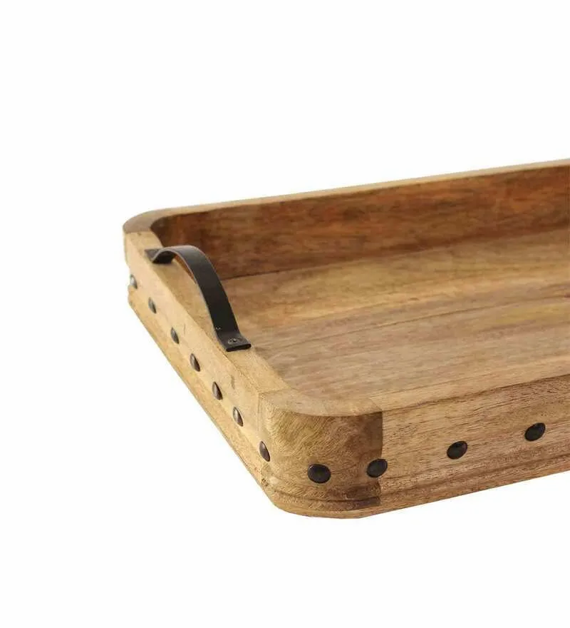 Vintage Wooden Serving Tray with Metal Handles - Nestern