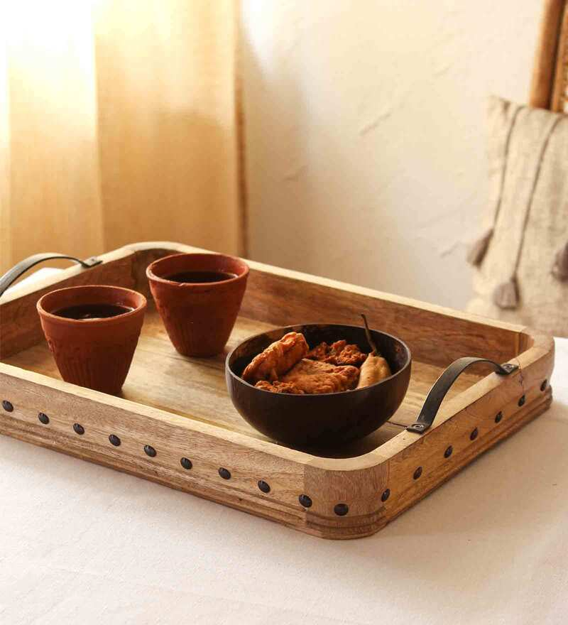Vintage Wooden Serving Tray with Metal Handles - Nestern