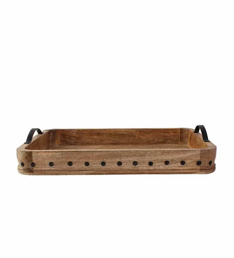 Vintage Wooden Serving Tray with Metal Handles - Nestern
