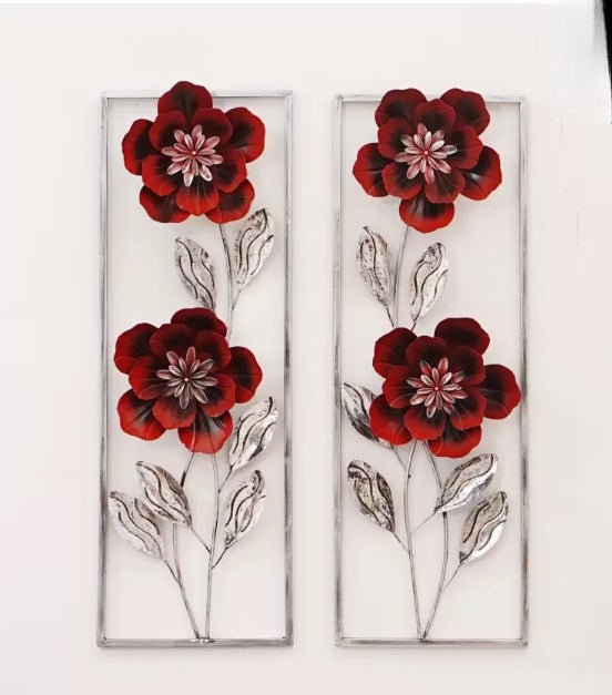 Red Floral Metal Wall Art Panels – Elegant Vertical Flower Décor - Nestern