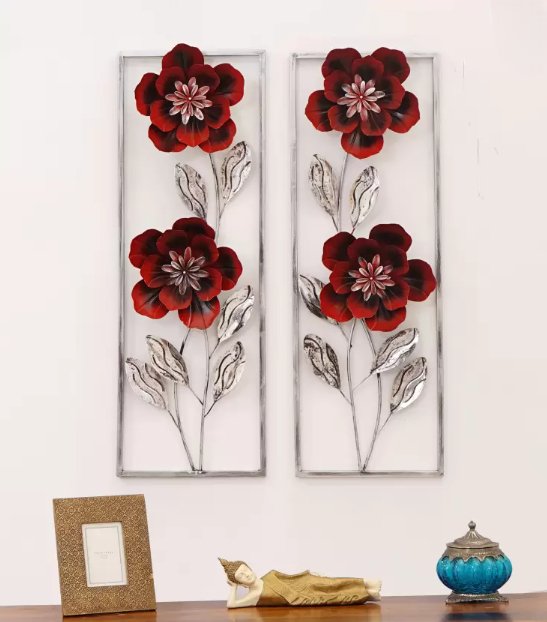 Red Floral Metal Wall Art Panels – Elegant Vertical Flower Décor - Nestern
