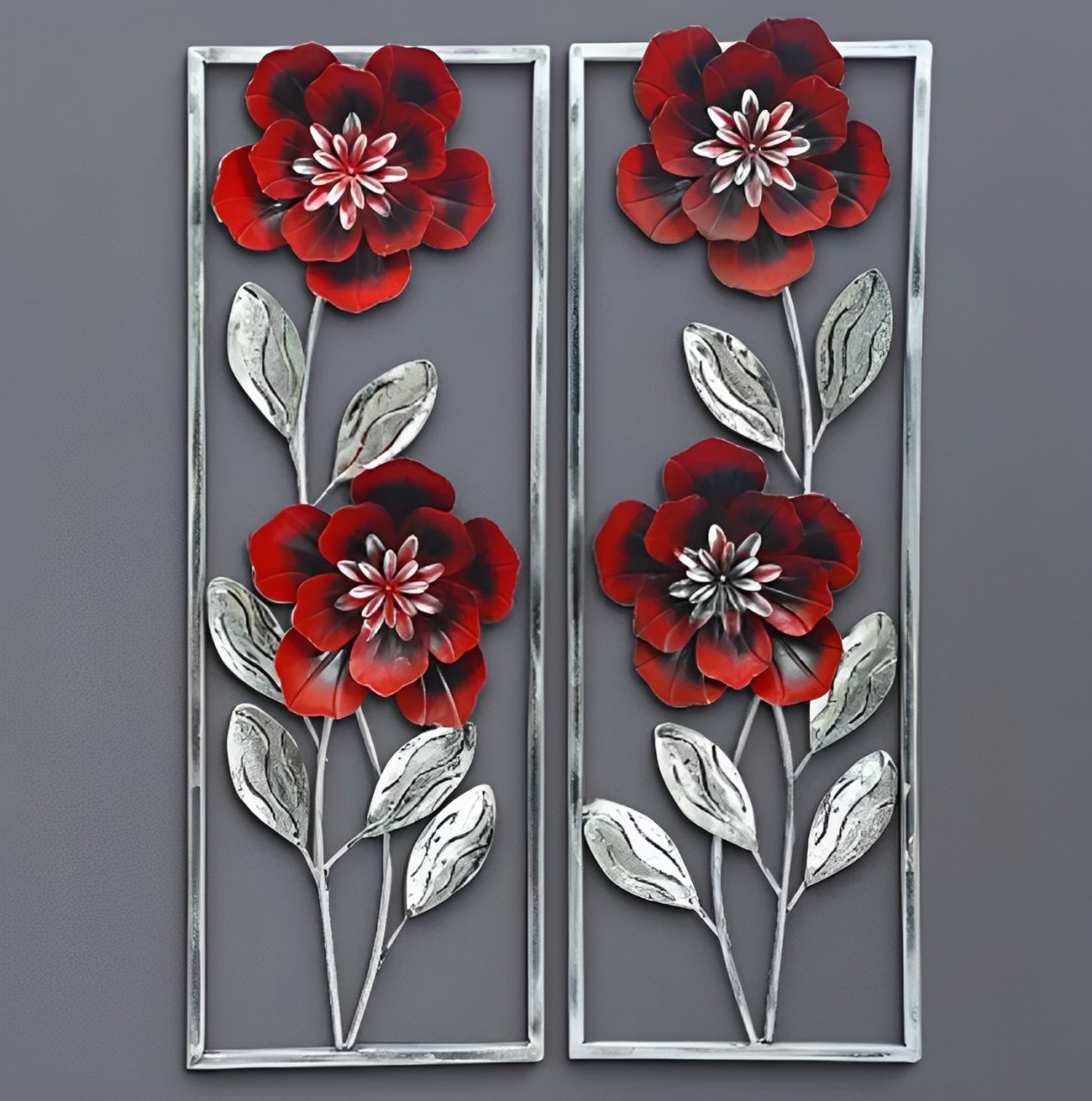 Red Floral Metal Wall Art Panels – Elegant Vertical Flower Décor - Nestern