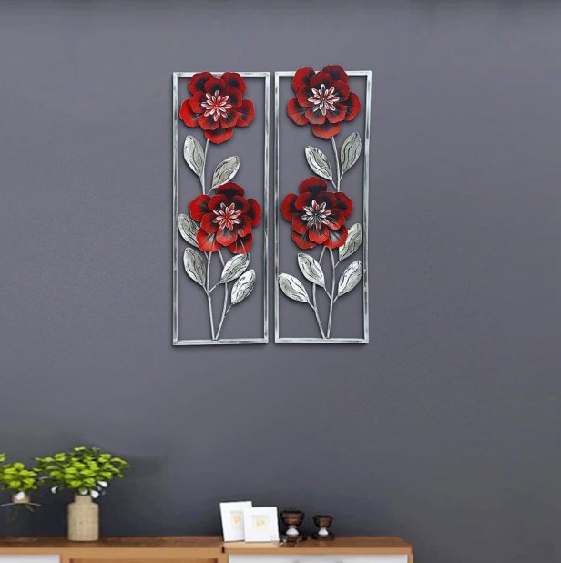 Red Floral Metal Wall Art Panels – Elegant Vertical Flower Décor - Nestern