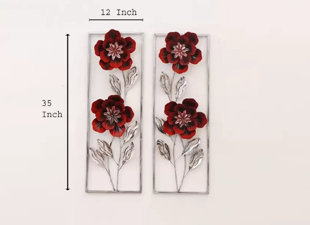 Red Floral Metal Wall Art Panels – Elegant Vertical Flower Décor - Nestern