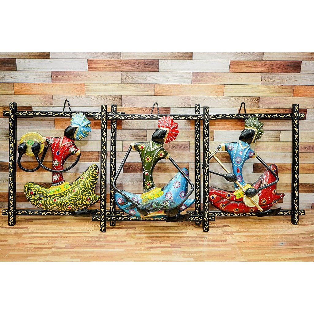 Set of 3 Tribal Musician Wall Hangings – Handcrafted Metal Art Décor - Nestern