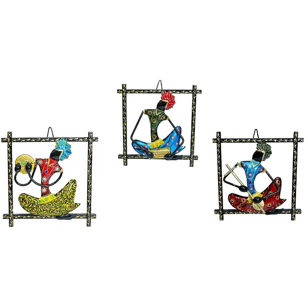 Set of 3 Tribal Musician Wall Hangings – Handcrafted Metal Art Décor - Nestern