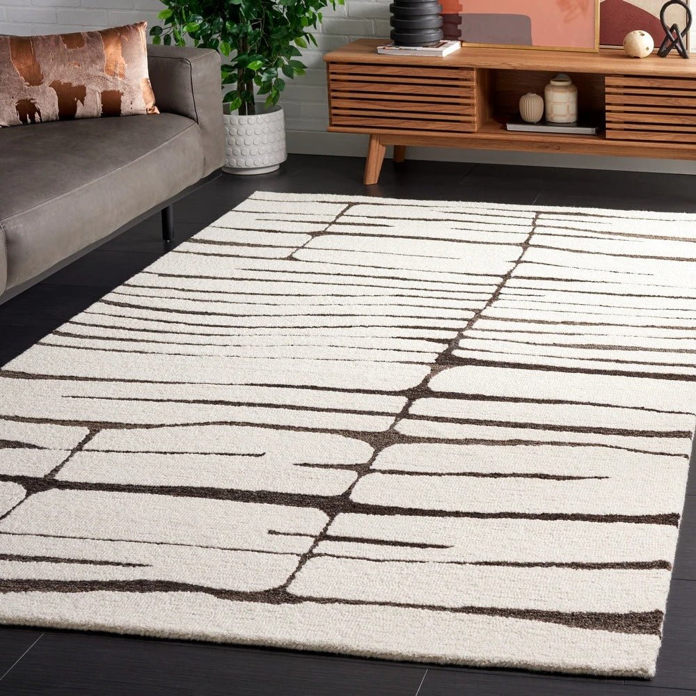 Switzerland Wool Collections Hand-Tufted Abstract Wool Area Rug - Mid-Century Modern Design for Living Room and Bedroom, Ivory & Black - Nestern