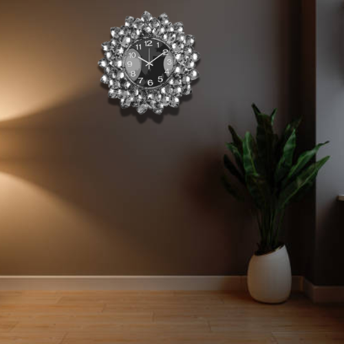 Luxury Black Silver Flower Wall Clock with Metallic Finish