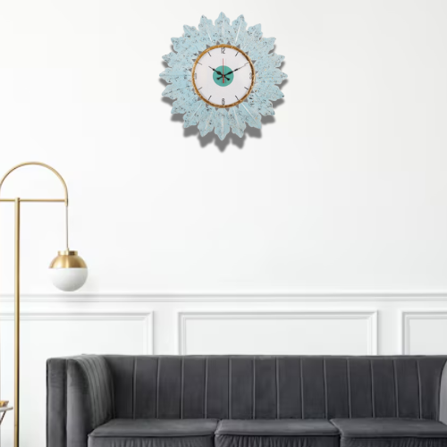 Vintage Blue Leaf Wall Clock with Gold Accents & Modern Dial