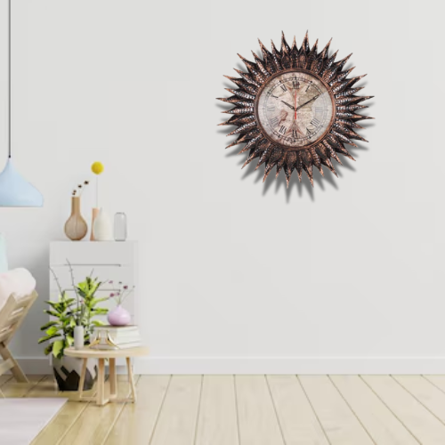 Vintage Sunburst Metal Wall Clock with Roman Numerals Design