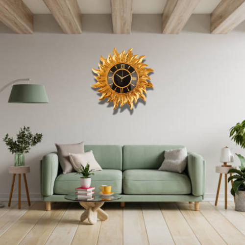 Golden Sunburst Wall Clock with Roman Numerals and Black Dial