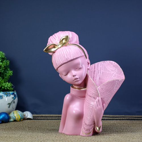 Pink Lady Face with Basket Statue for Home Decor Showpiece Figurine