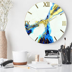White & Blue Abstract Epoxy Resin Wall Clock, Striking Gold Accents - Nestern